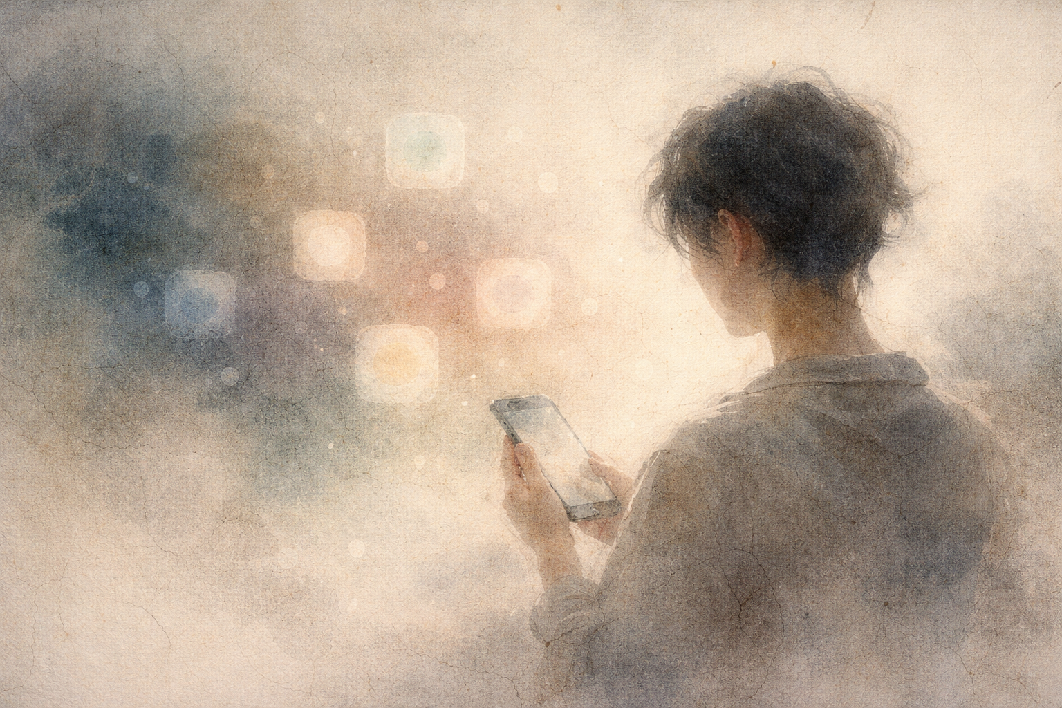 柔らかく光るアイコンに囲まれながらスマートフォンを見る人物。デジタルやAIツールがマインドフルネスや精神的実践をそっと支える様子を表している