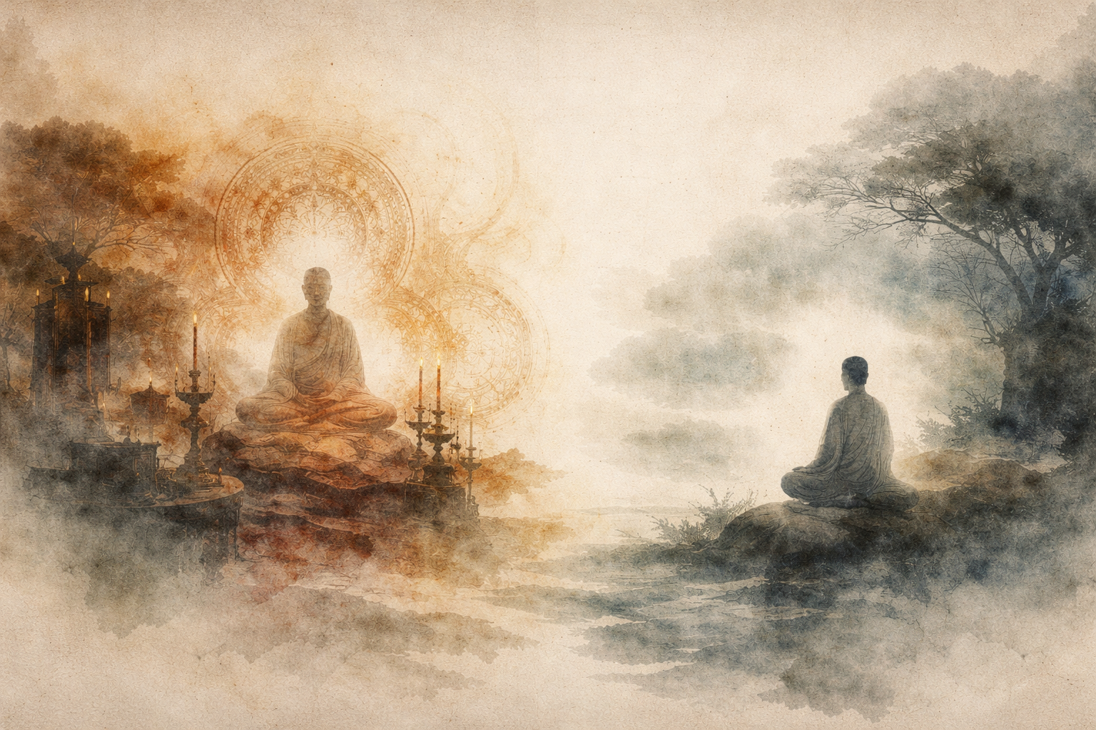 A beginner sits in meditation facing a radiant Buddha figure surrounded by subtle patterns of light, suggesting guidance, simplicity, and the gentle introduction to mantra practice