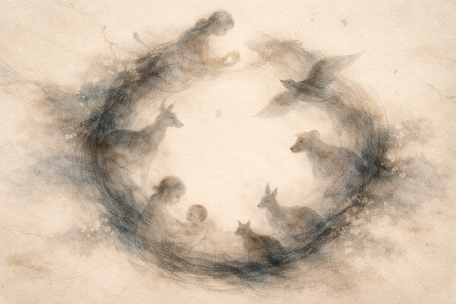 A symbolic circular flow connecting human life and animals in soft brush textures, expressing Buddhist teachings beyond literal belief in rebirth
