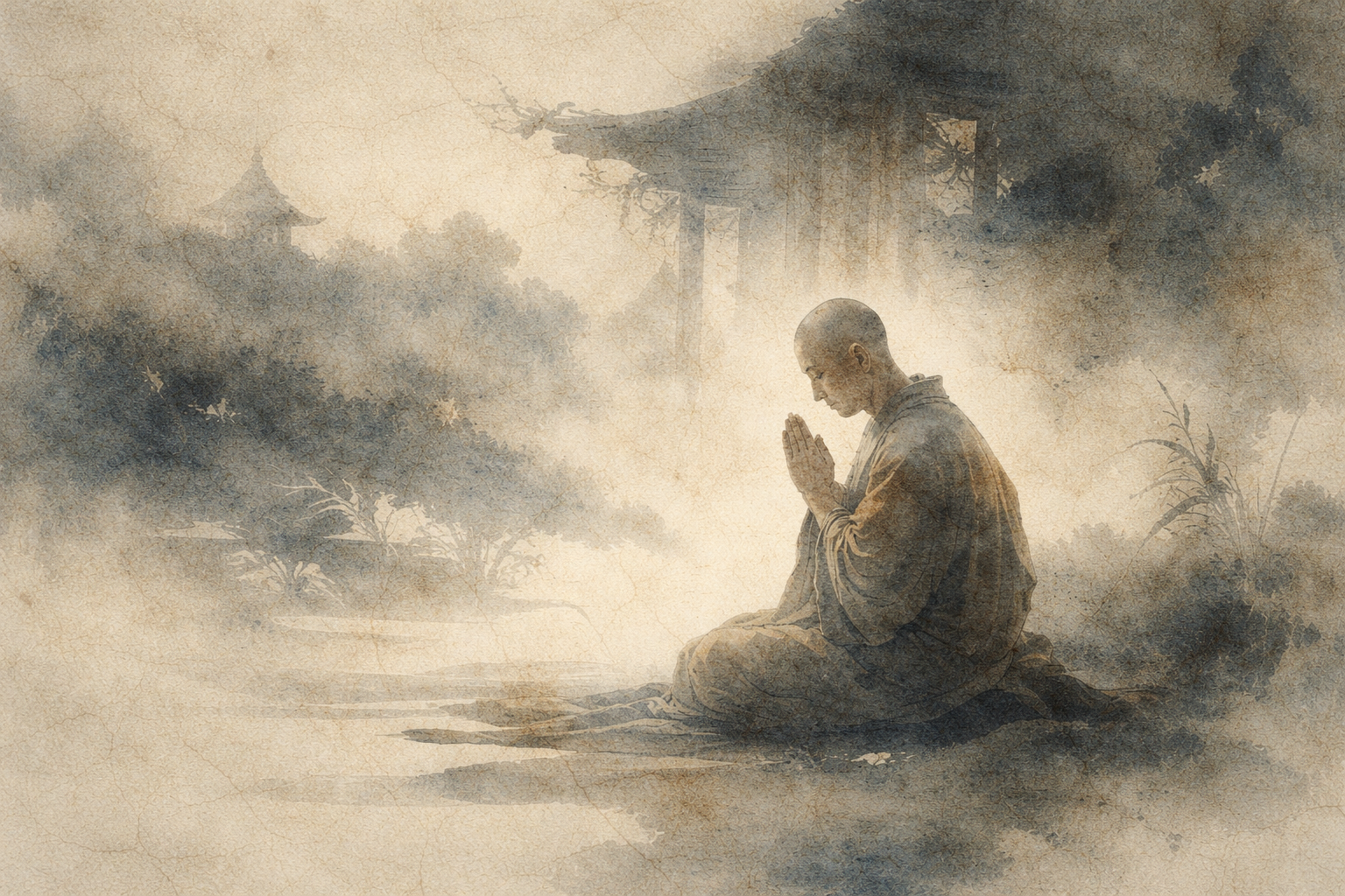 霧に包まれた寺院の風景の中で静かに祈る僧侶の姿。仏教における祈りが、超越的存在への願いというよりも、思いやりや意図、つながりを表す行為であることを象徴している