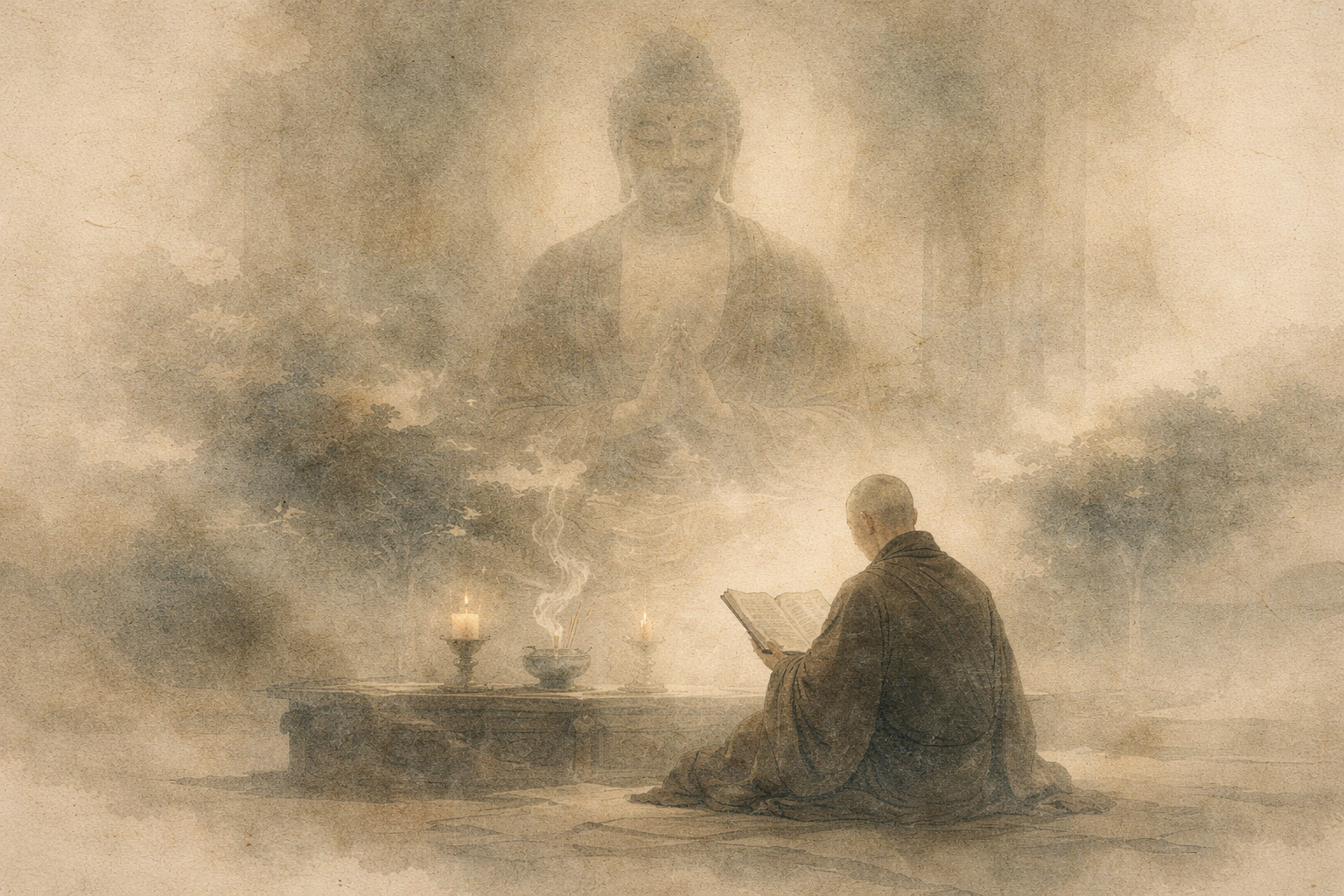 A solitary practitioner reading softly before candles and incense, with a faint Buddha presence emerging in mist, suggesting that listening to chanting can evoke a prayer-like atmosphere of quiet devotion