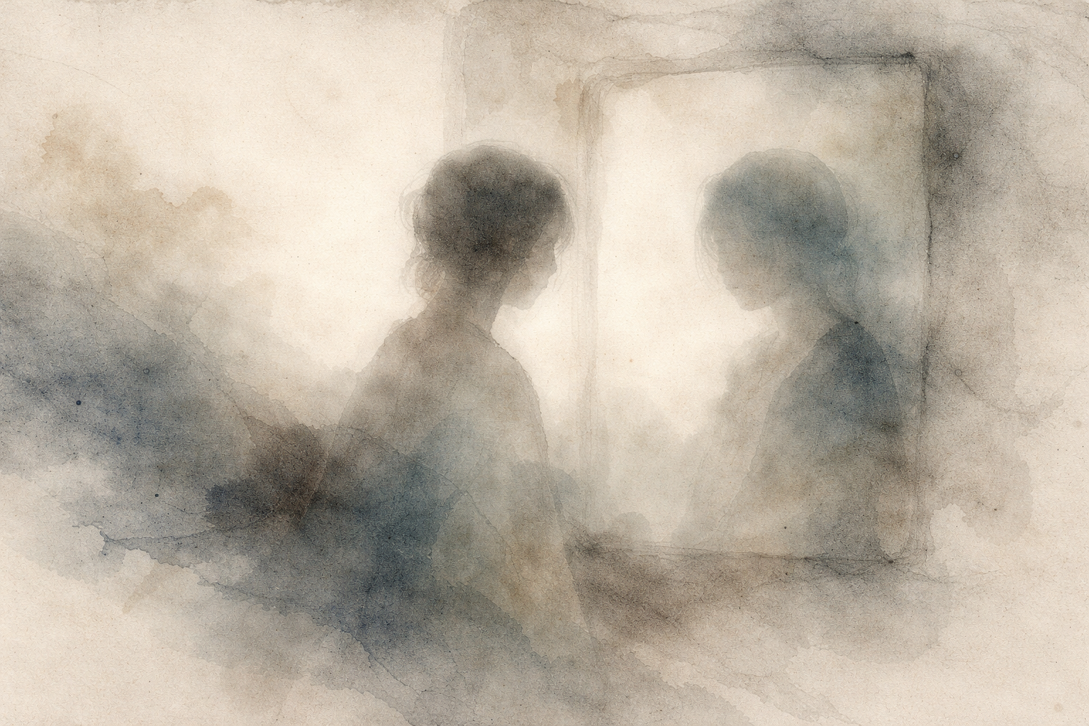 Abstract depiction of a person quietly facing their own reflection in a soft, misty atmosphere, rendered in delicate ink textures that evoke introspection, emotional awareness, and the gentle surfacing of feelings during meditation.