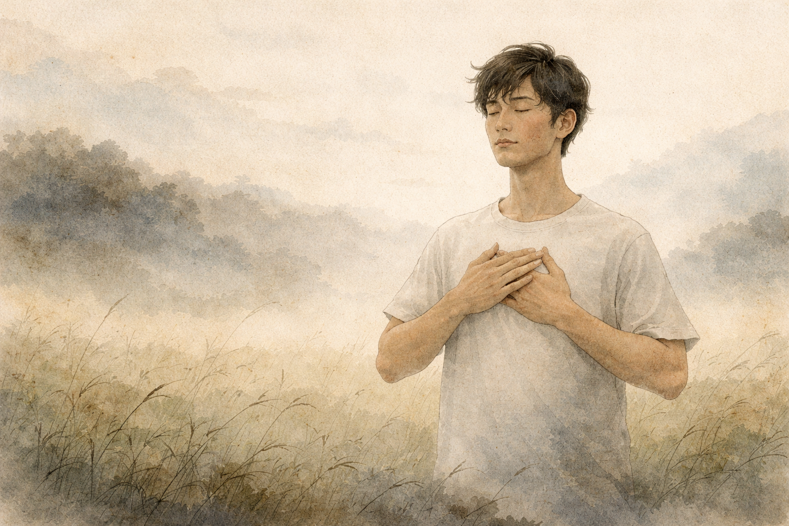 A person standing quietly with hands over the heart in a soft natural landscape, symbolizing the relationship between mindfulness and its Buddhist roots