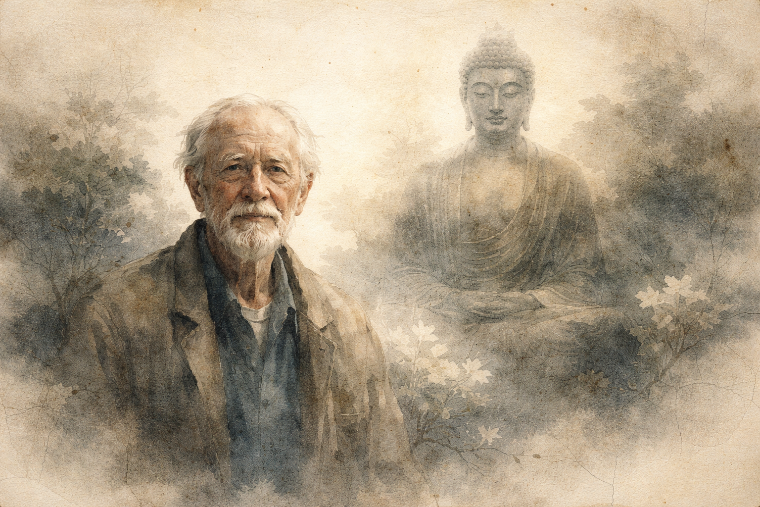 A thoughtful older person standing calmly beside a serene Buddha figure in a quiet natural setting, suggesting that Buddhist guidance is open to anyone seeking reflection, regardless of religious identity
