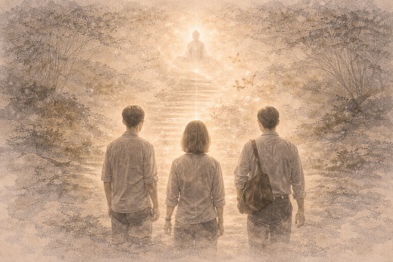 柔らかく光る仏の姿へ向かって歩む三人の一般の人々。日常を生きる人にも涅槃へ至る可能性があることを象徴するイメージ