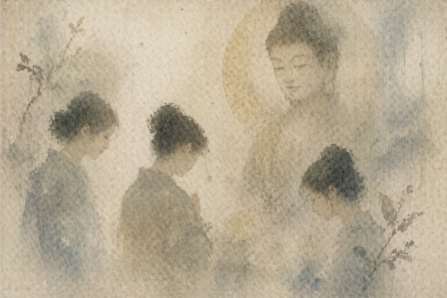 静かに祈りや内省を行う複数の女性と、その上に淡く浮かぶ仏の姿。仏教の出家における女性の可能性、献身、そして精神的な道を象徴している情景