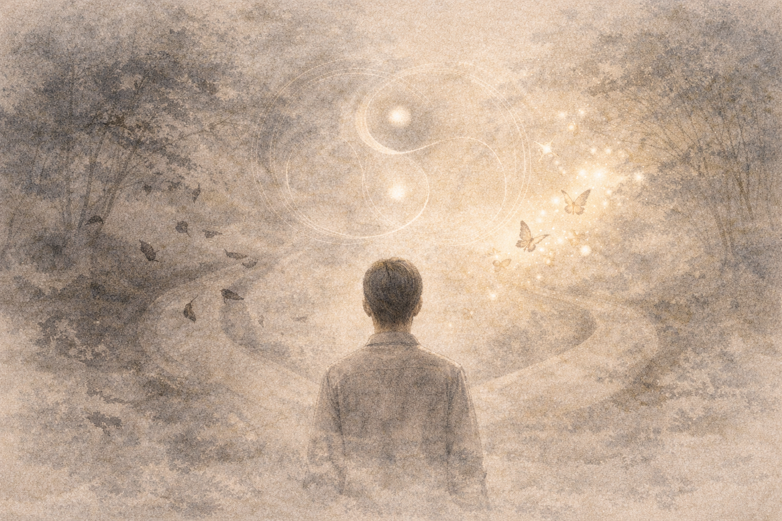 A person standing before a glowing yin-yang symbol surrounded by soft light and butterflies, symbolizing transformation and the possibility of changing one’s karma in Buddhist teaching