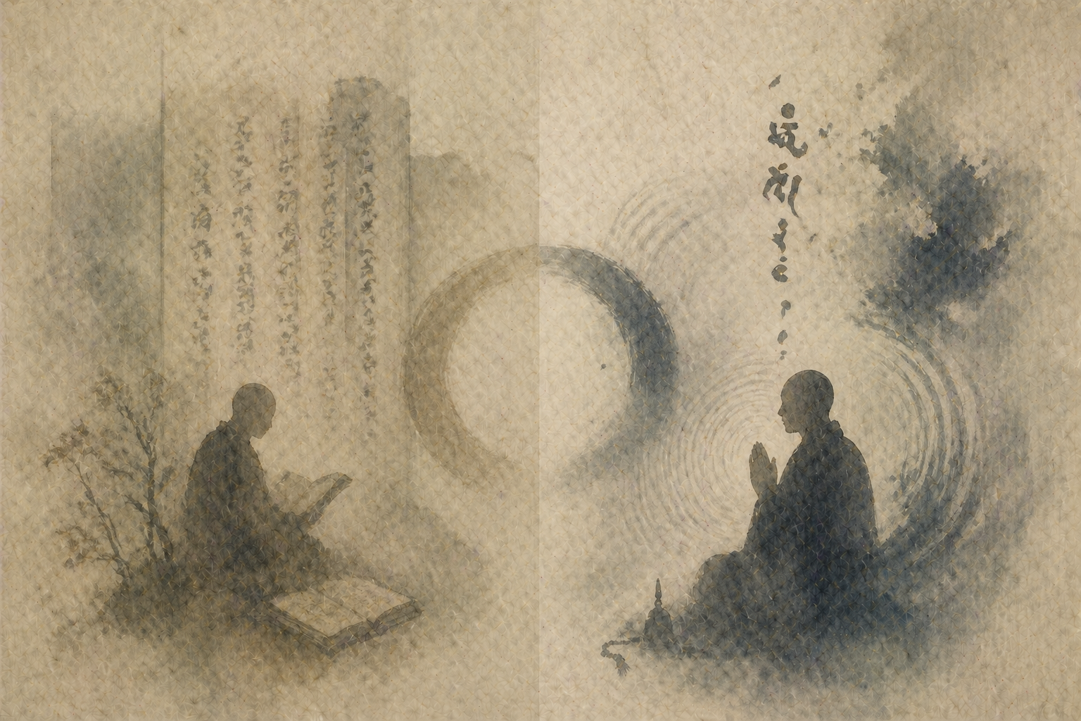 Soft, watercolor-style split image: one practitioner reading from a text and another with hands in prayer, with flowing circular patterns and calligraphic marks—suggesting chanting in different forms or languages while pointing to a shared essence