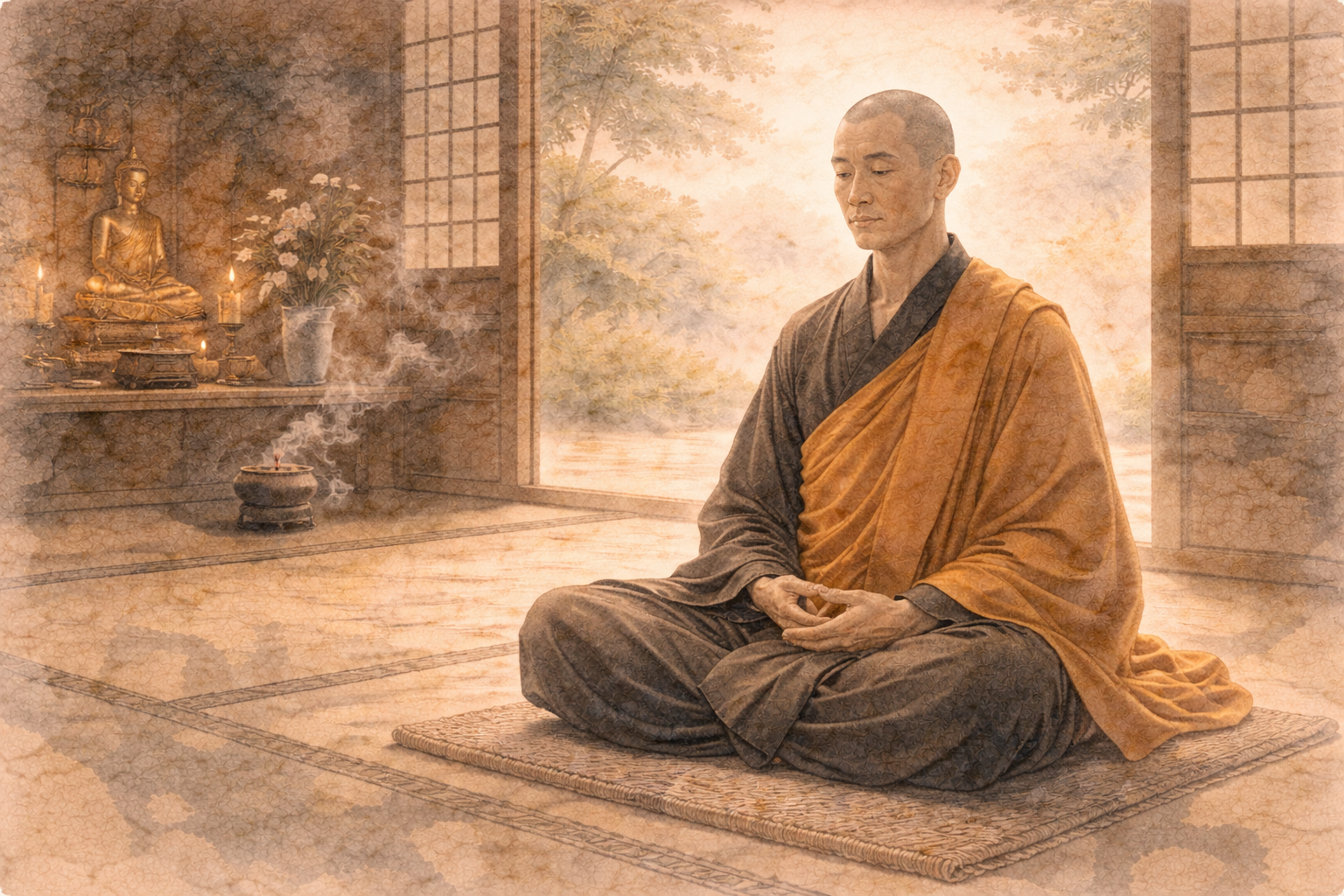 A monk sits in calm meditation inside a simple temple space, with a Buddha altar in the background—suggesting that ethical practices like the Five Precepts can be followed by anyone seeking mindfulness and a wholesome life