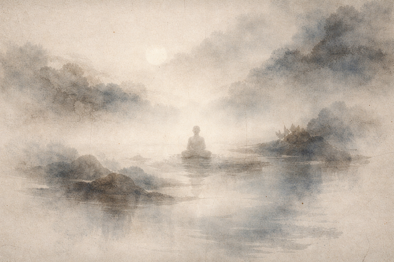 A solitary figure meditating quietly in misty open space, symbolizing learning from Buddhist wisdom without adopting a religious identity