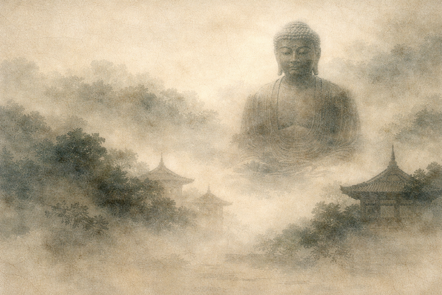 霧に包まれた寺院の屋根の上に静かに現れる仏の姿。正式に改宗しなくても仏教から学べることを象徴するイメージ