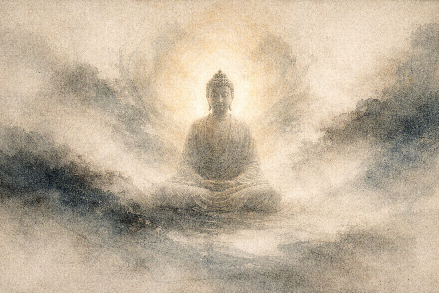 A serene Buddha figure surrounded by soft, flowing mist and light, evoking a quiet, receptive state—suggesting that simply listening, like hearing the Heart Sutra, can itself be a form of contemplative practice