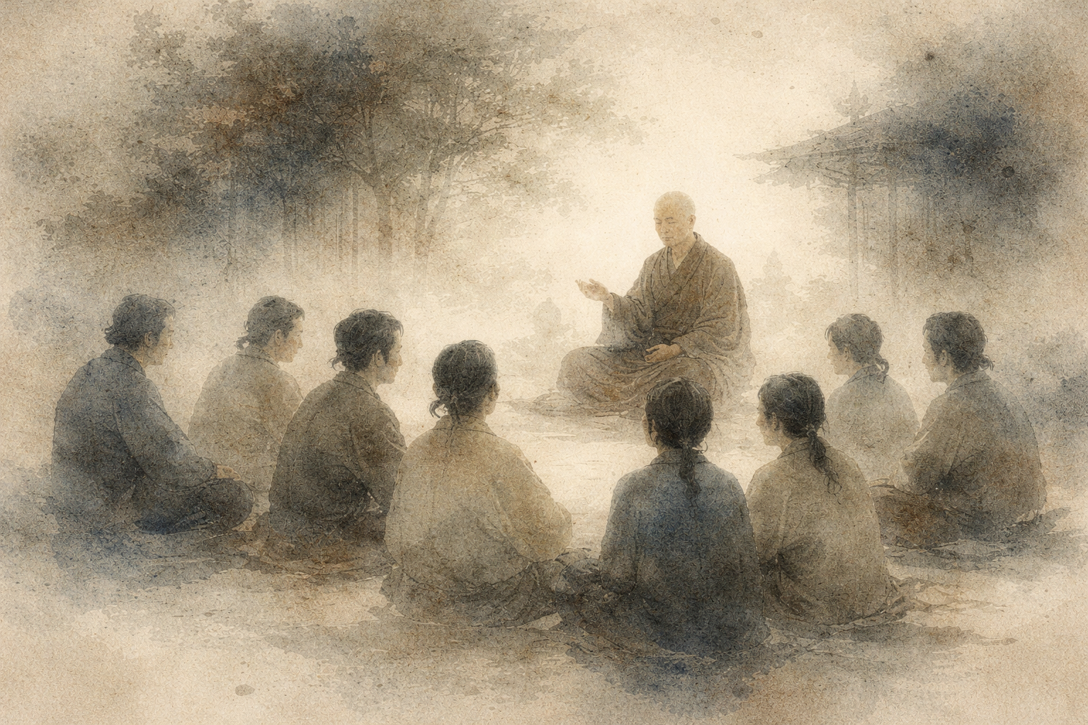 Soft, watercolor-style image of a Buddhist teacher seated in meditation, speaking to a small circle of listeners outdoors—symbolizing the role of community (Sangha) while reflecting the question of whether practice can exist beyond it