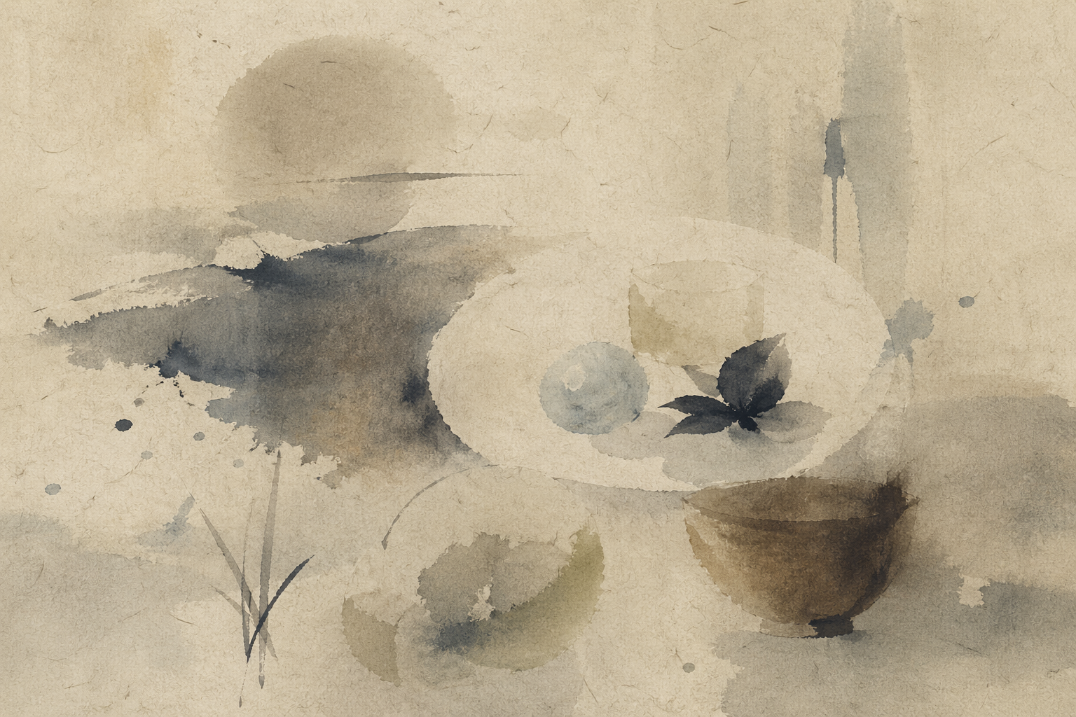 A minimalist, softly painted arrangement of simple plant-based foods and a tea bowl on a table, evoking the quiet, mindful spirit of shojin ryori practiced at home