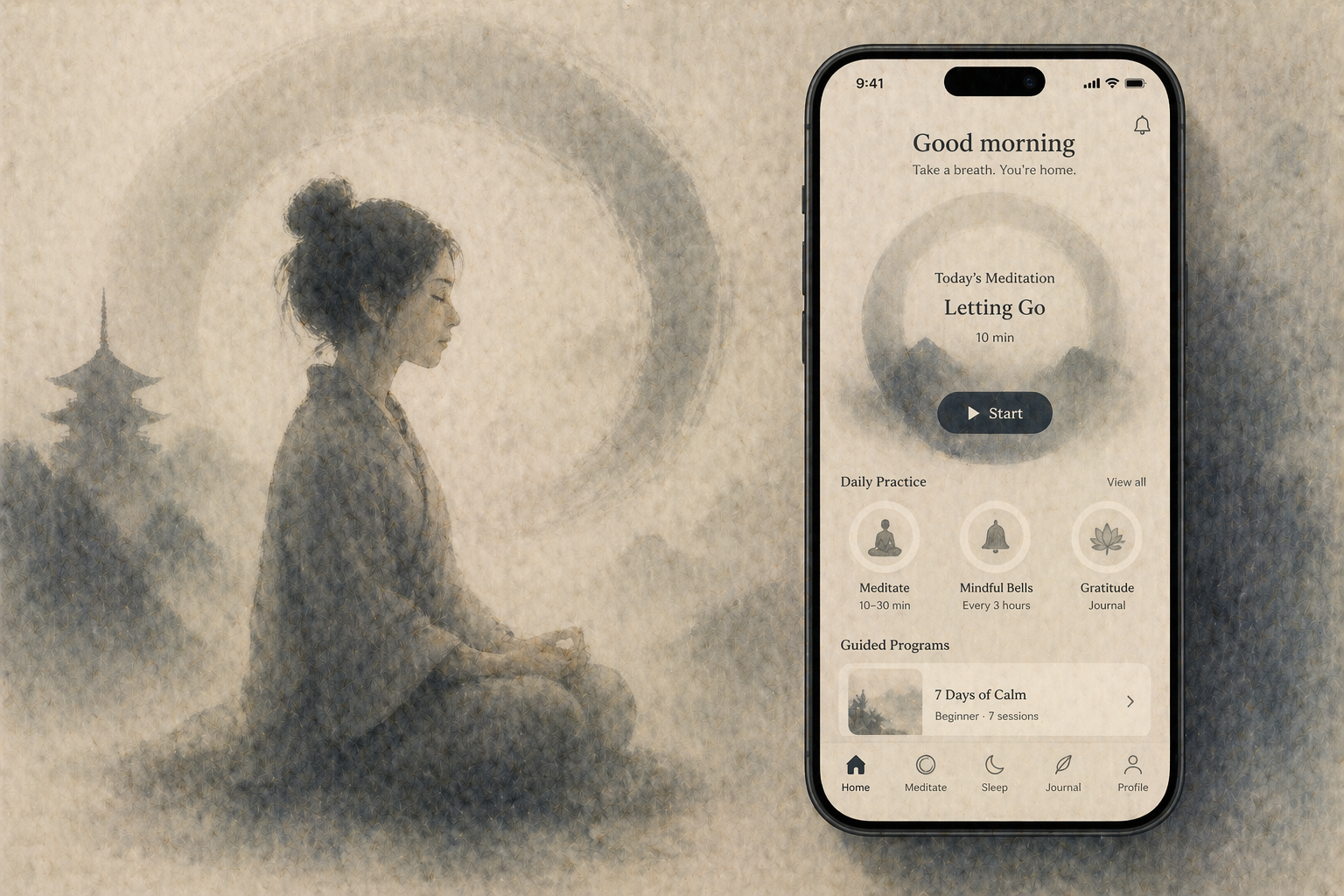 A person sitting in quiet meditation beside a smartphone displaying a mindfulness app—suggesting how digital tools can gently support, but not replace, authentic Buddhist practice