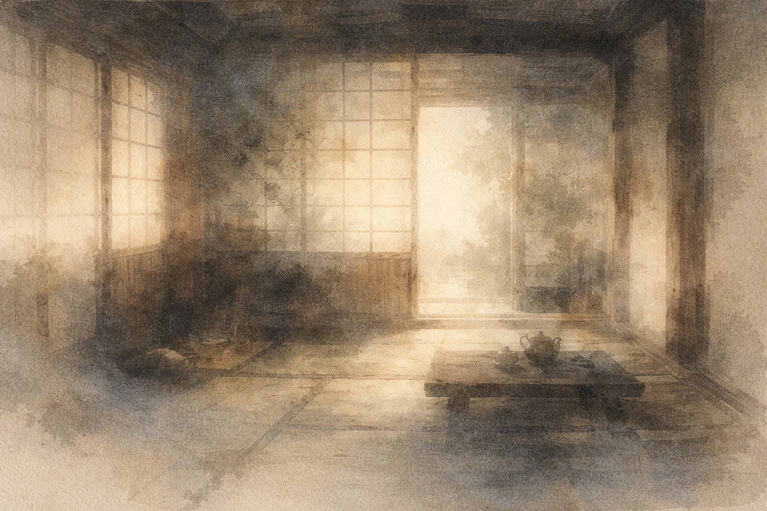 A quiet, minimal interior space with soft light entering through paper screens, suggesting that even a small and simple environment can become a place for Buddhist practice, reflection, and presence