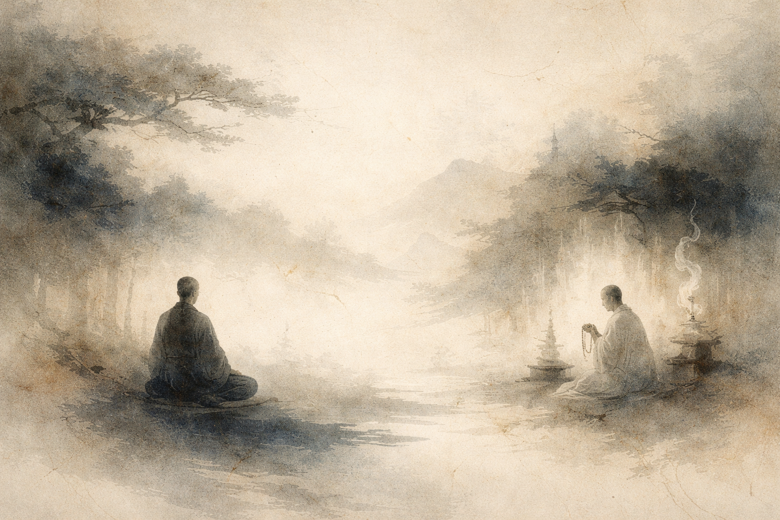 Soft, atmospheric watercolor scene showing two figures in a quiet landscape—one sitting in silent meditation and the other chanting with prayer beads near incense—symbolizing the contrast between internal reflection and vocal practice in Buddhism