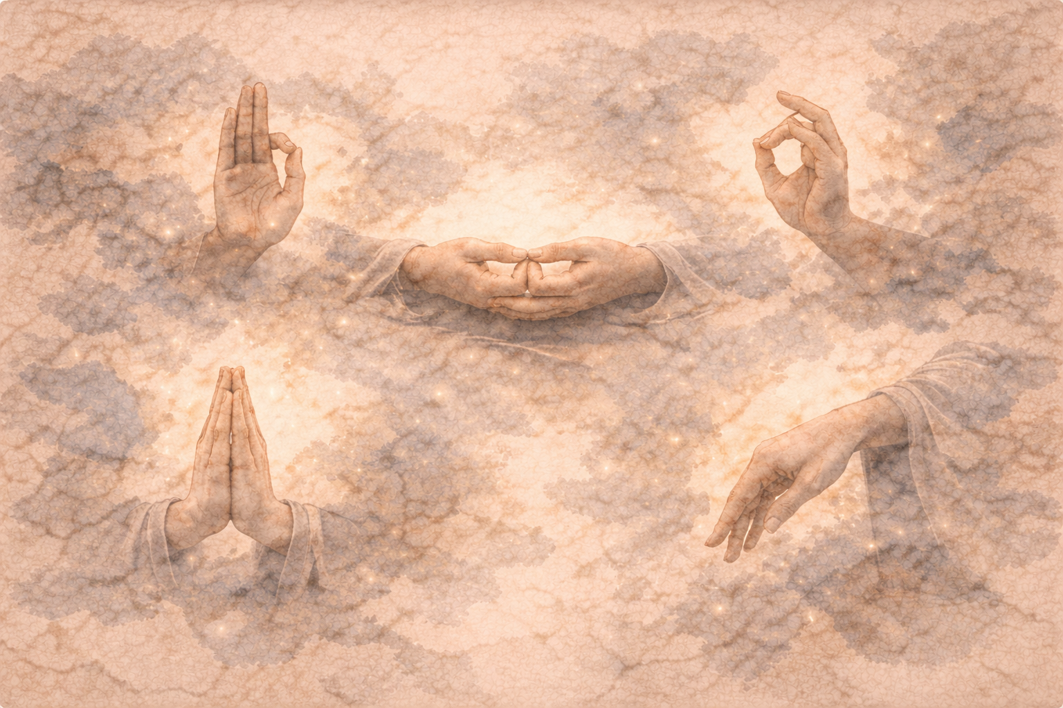 Abstract depiction of several traditional Buddhist hand gestures emerging from soft, layered ink textures, illustrating common mudras that symbolize meditation, compassion, reassurance, teaching, and inner balance.