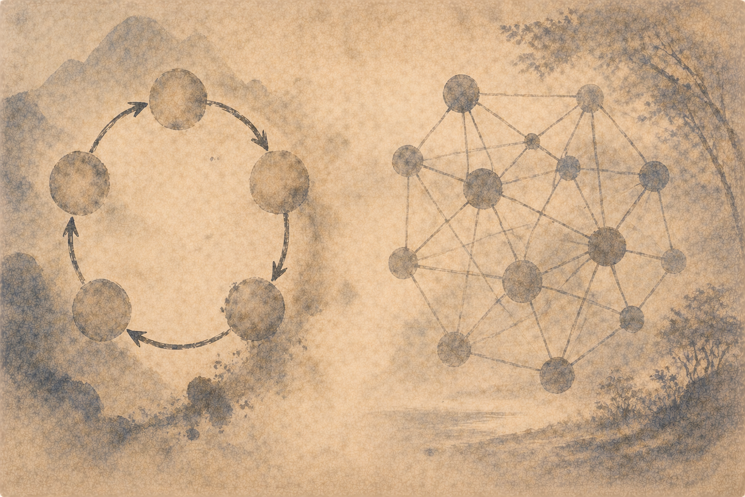 Two symbolic diagrams: one showing a simple circular chain of cause and effect, the other a complex web of interconnected nodes, illustrating the difference between linear dependent origination and broader interdependence in Buddhist thought