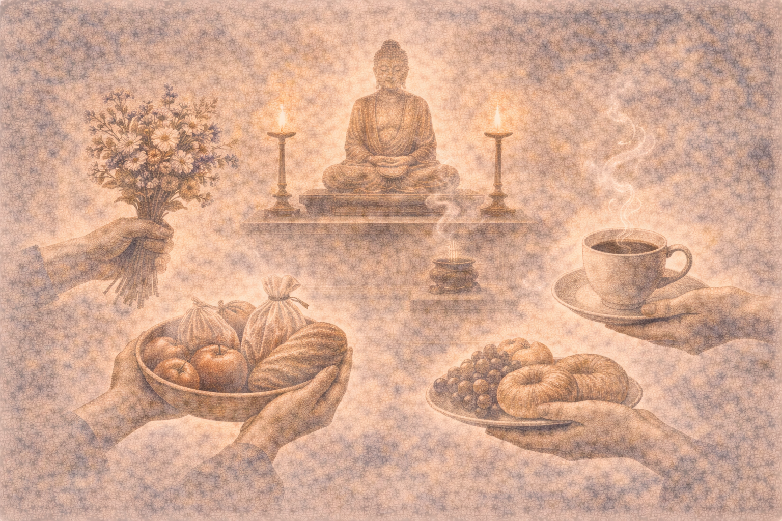 やわらかく光る仏壇の前で、花や果物、パンやお茶を捧げる手の表現。仏教におけるお供えは、必ずしも宗教的なものに限らず、日常の中の真心の表れであることを示している