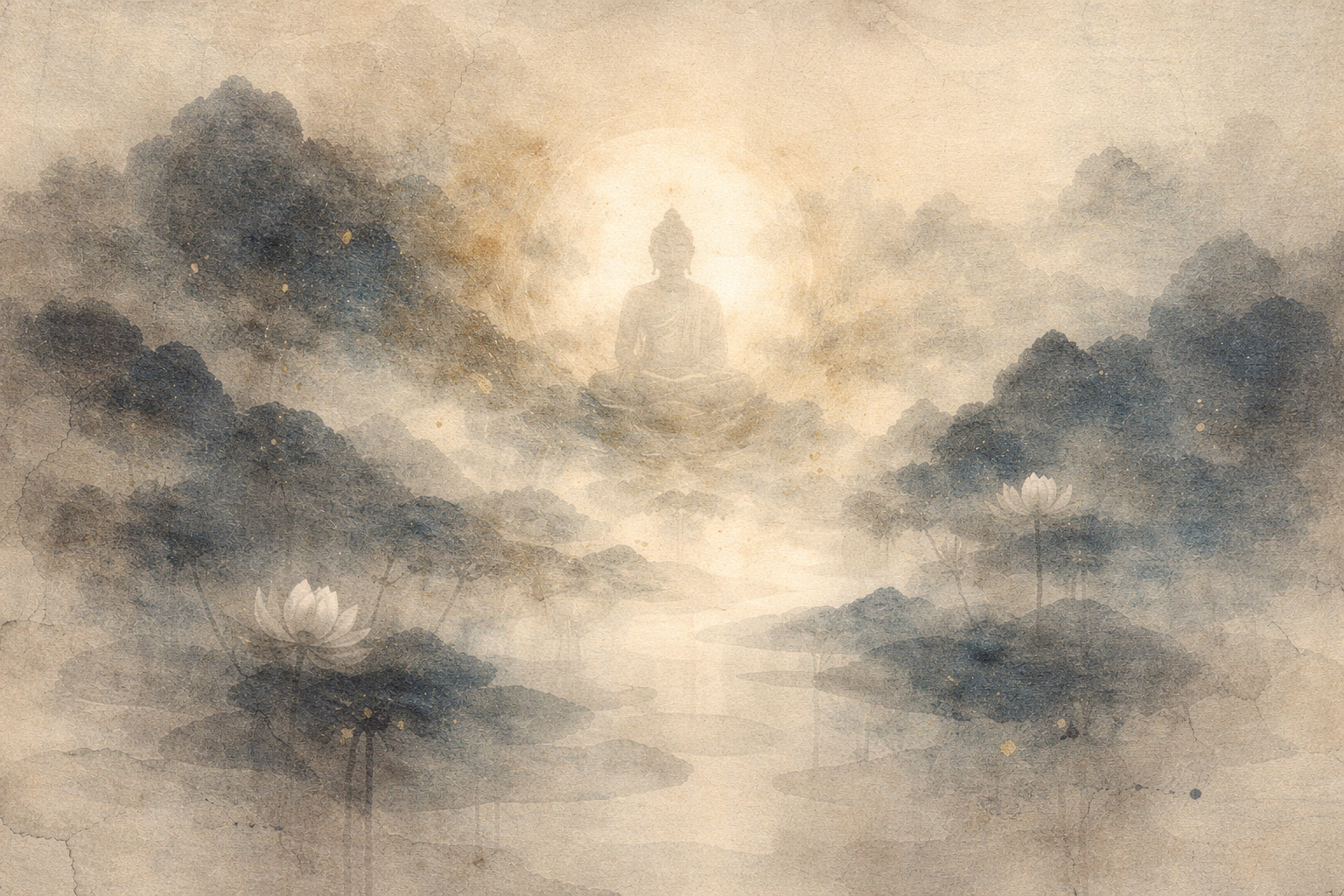 Abstract depiction of a luminous Buddha figure emerging from mist above a tranquil landscape with lotus flowers, rendered in soft ink textures that evoke contemplation on spirituality and the question of divinity in Buddhism.