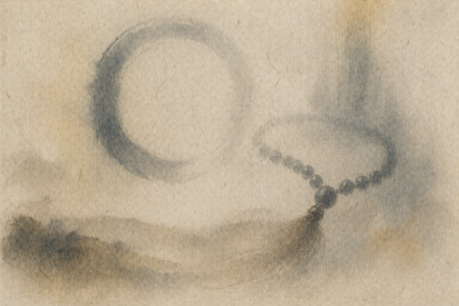 A simple strand of Buddhist prayer beads (mala) resting beside a soft, hand-painted circle on a textured background—suggesting that while beads can support practice, the essence of Buddhism lies beyond any single tool