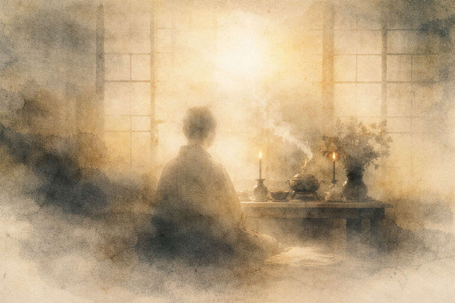 A solitary figure sitting quietly before a simple table with candles, incense, and flowers, suggesting that Buddhist practice can exist with or without a formal home altar