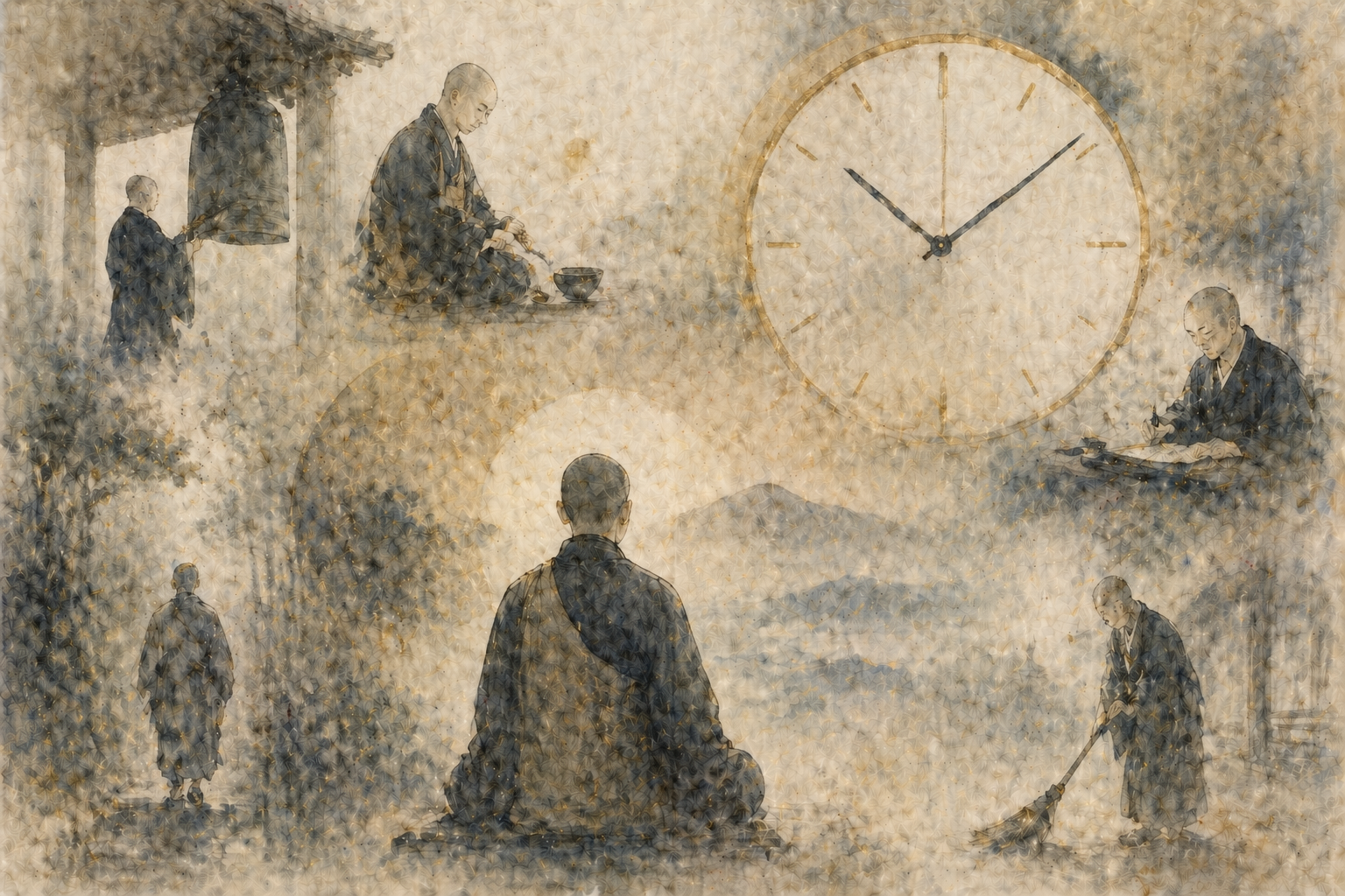 瞑想・書く・掃く・歩くなど日常の行いをする僧の姿と時計が描かれ、仏教の実践は一日のさまざまな時間に取り入れられることを示している