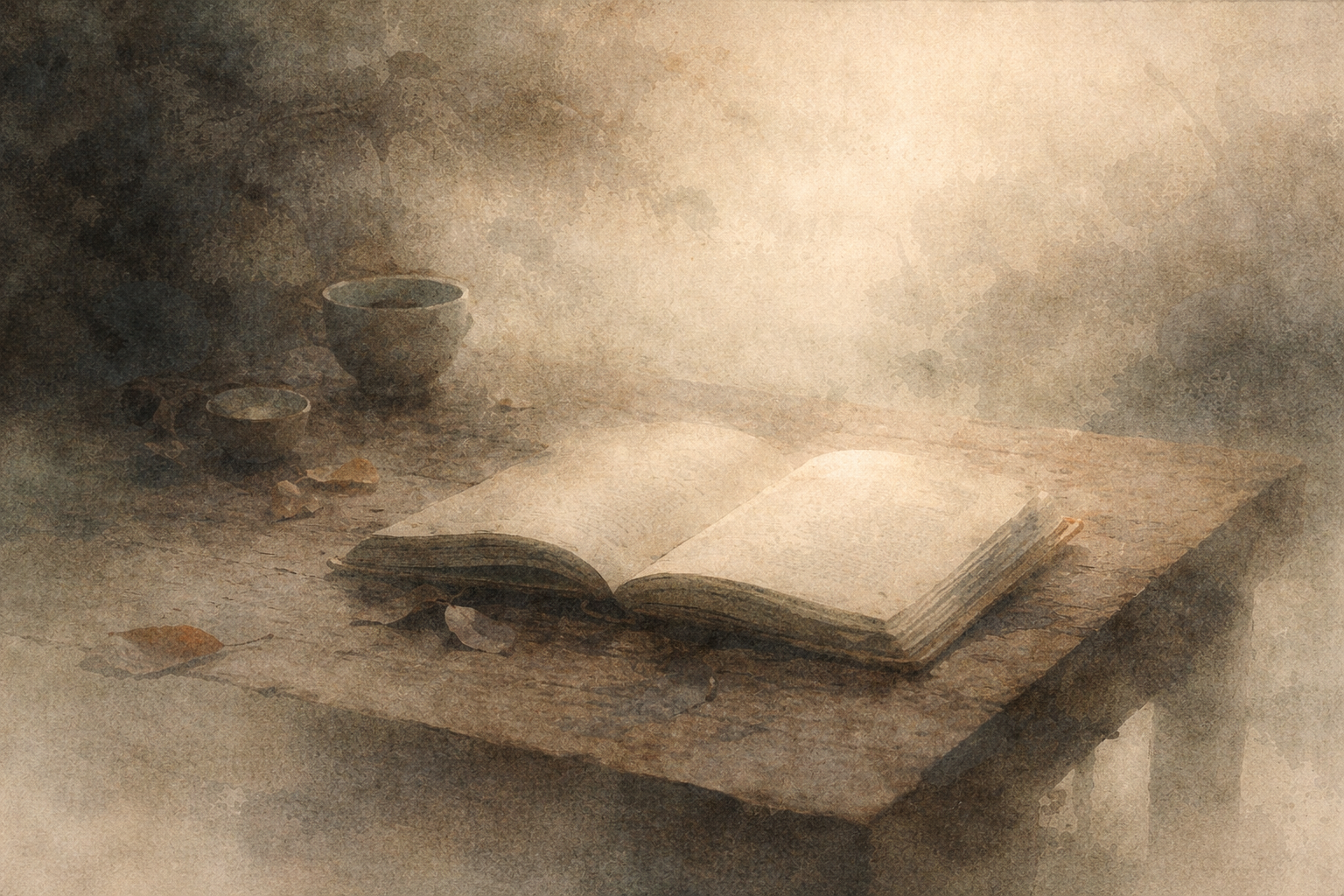 An open, gently glowing book resting on a simple wooden table, surrounded by quiet stillness—suggesting that while teachings are available, Buddhist practice can arise from direct experience, not only from reading