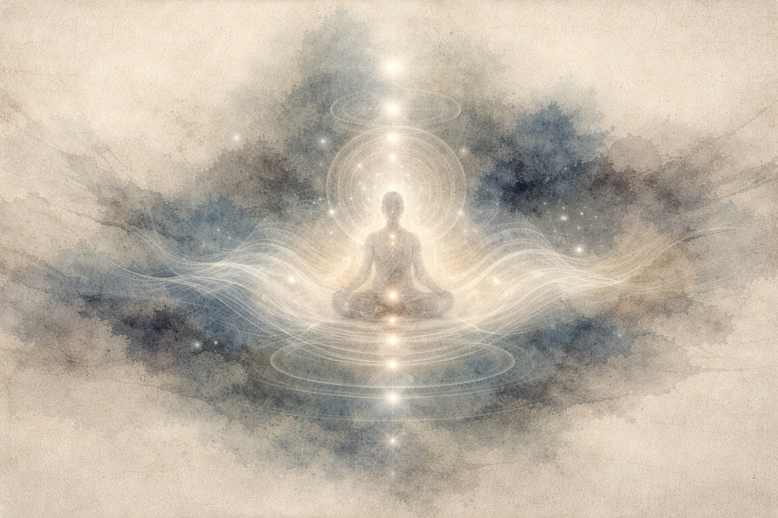 A radiant meditative figure surrounded by flowing waves of light and subtle geometric patterns, symbolizing how the resonance of a mantra can influence the mind beyond conceptual understanding