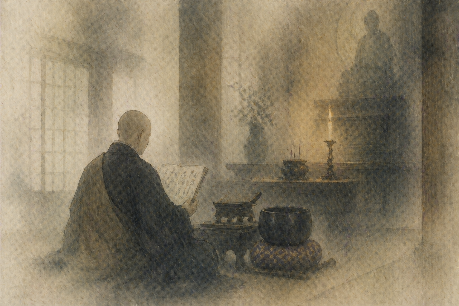 Soft, muted watercolor-style image of a monk seated indoors, reading from a text before a small altar with candle and incense—evoking the contemplative act of chanting and the question of understanding versus experience