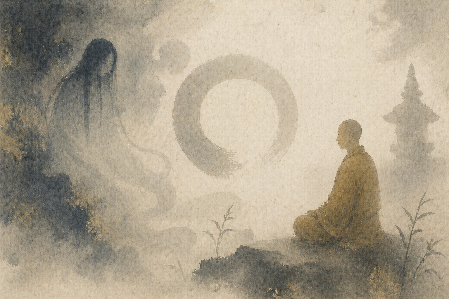 A monk sits calmly in meditation while a faint, ghostlike figure appears in the mist nearby, with a Zen circle in the background, suggesting a contemplative view of spirits in Buddhism