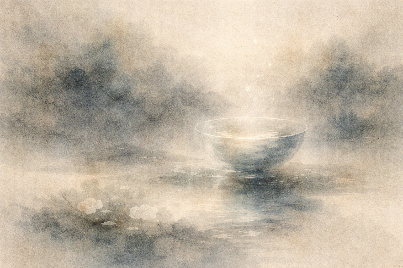 A quiet bowl resting in still water, faint ripples expanding outward, symbolizing the subtle continuity described in Buddhism’s understanding of rebirth rather than the idea of a fixed self moving unchanged