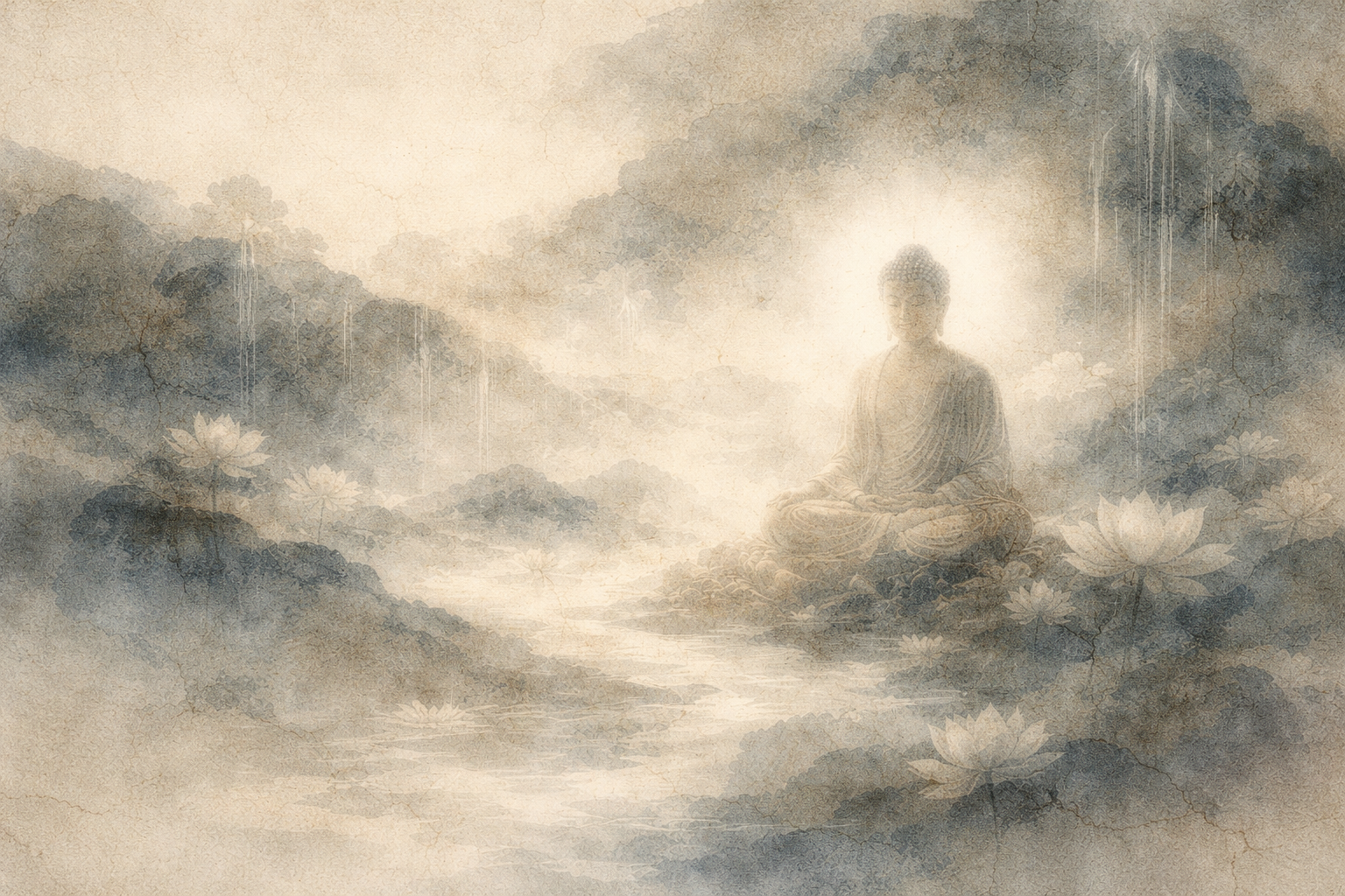 A luminous Buddha figure seated peacefully among lotus flowers and misty water, symbolizing the Buddhist view of continuity beyond death rather than a fixed eternal afterlife