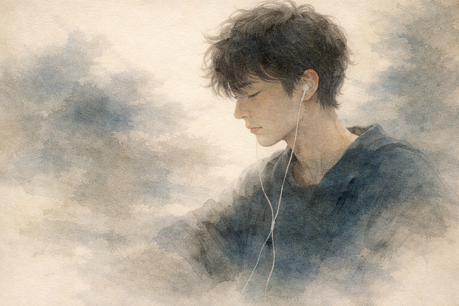 イヤホンをつけた思索的な若者を描いたやわらかな水彩ポートレート。個性、内省、そして自己や個人性についての仏教的な問いを象徴している。