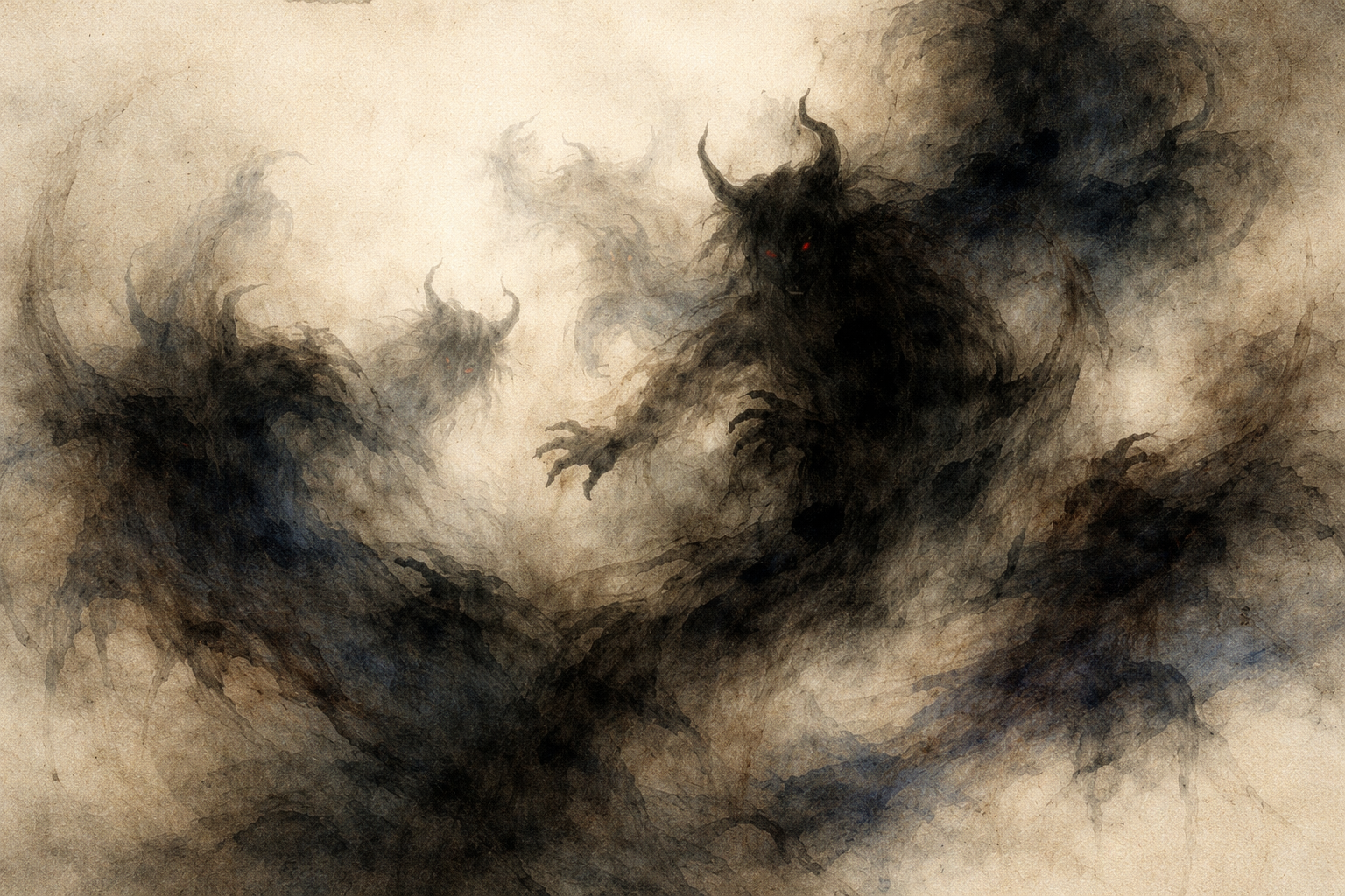 Watercolor-style illustration of shadowy, horned figures emerging from swirling darkness, with faint glowing eyes piercing through mist. The imagery symbolizes how uncontrolled craving and attachment can appear overwhelming and frightening, reflecting the Buddhist teaching that not all desire is harmful, but unexamined craving can lead to suffering, confusion, and inner turmoil.