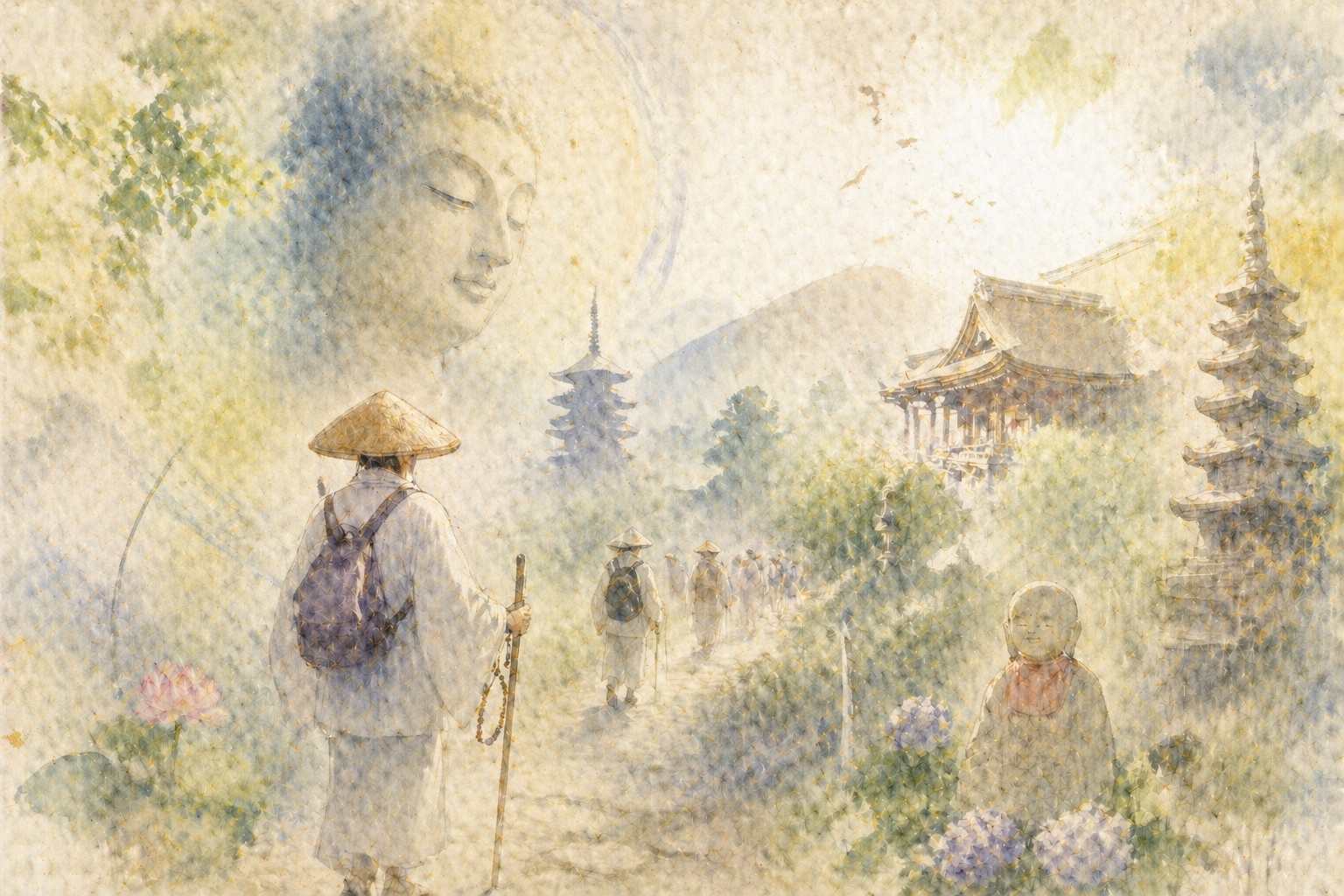 A soft, dreamlike scene of a Buddhist pilgrim walking toward a temple, with a faint image of the Buddha and gentle figures appearing in the sky—evoking the blurred boundary between dreams, symbolism, and spiritual reflection in Buddhism