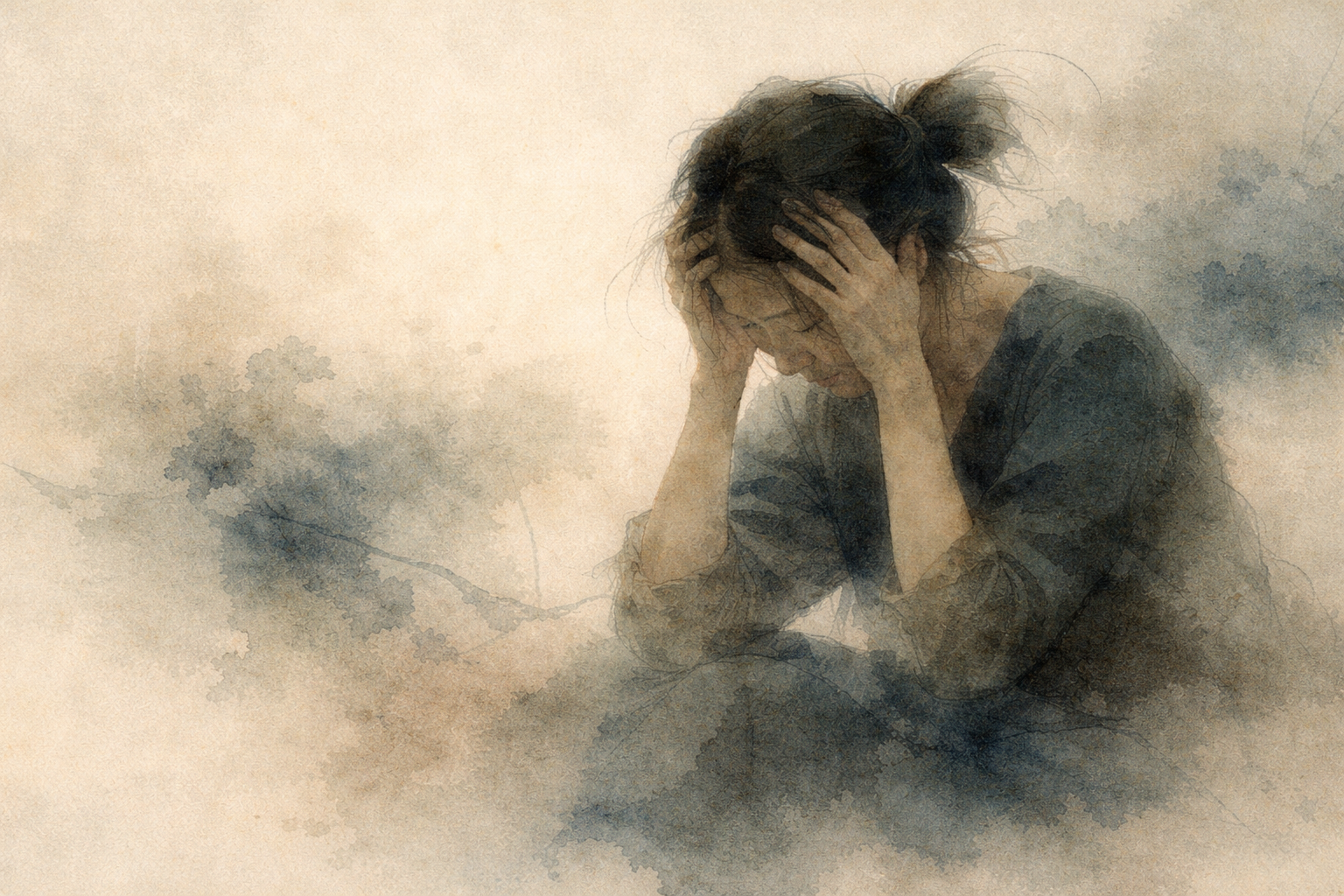 Thoughtful person sitting with head in hands, surrounded by soft abstract mist, symbolizing worry about outcomes and the Buddhist teaching of letting go of attachment while maintaining mindful effort.