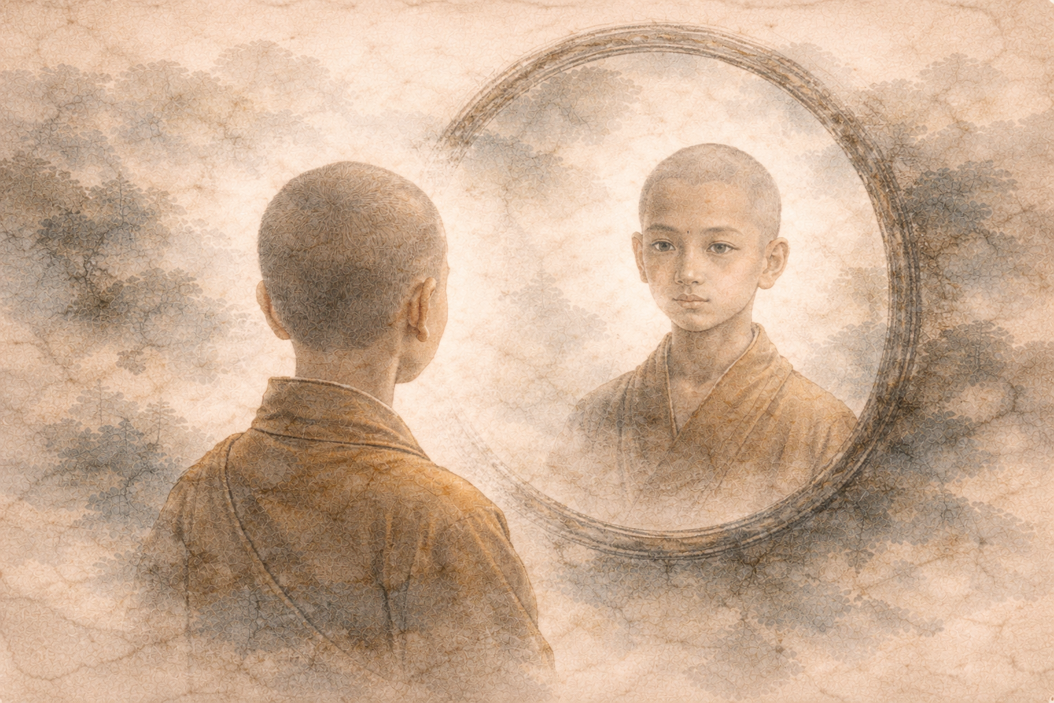鏡に映る自分を見つめる若い僧侶を描いた水彩風イラスト。自己という概念や認識、内面への気づきを探求する仏教の無我の教えを象徴している。