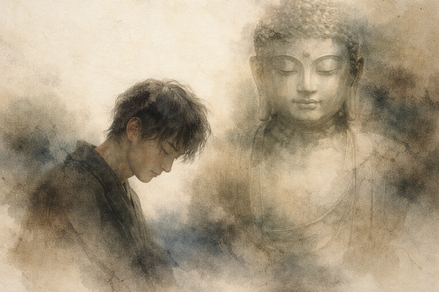 霧の中から静かに浮かび上がる仏の姿のそばで、頭を垂れて内省する若者を描いた水彩風イラスト。人間の揺らぎと仏の穏やかな智慧の対比は、仏教が受け身の受容を教えているという誤解を表しつつ、実際には気づきや慈悲、内面的変化へと導く道であることを象徴している。