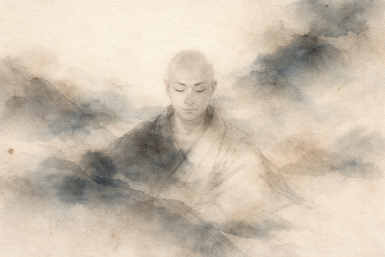 Serene Buddhist monk meditating calmly amid soft mist and abstract landscape, symbolizing emotional awareness, acceptance, and inner peace in Buddhist practice.