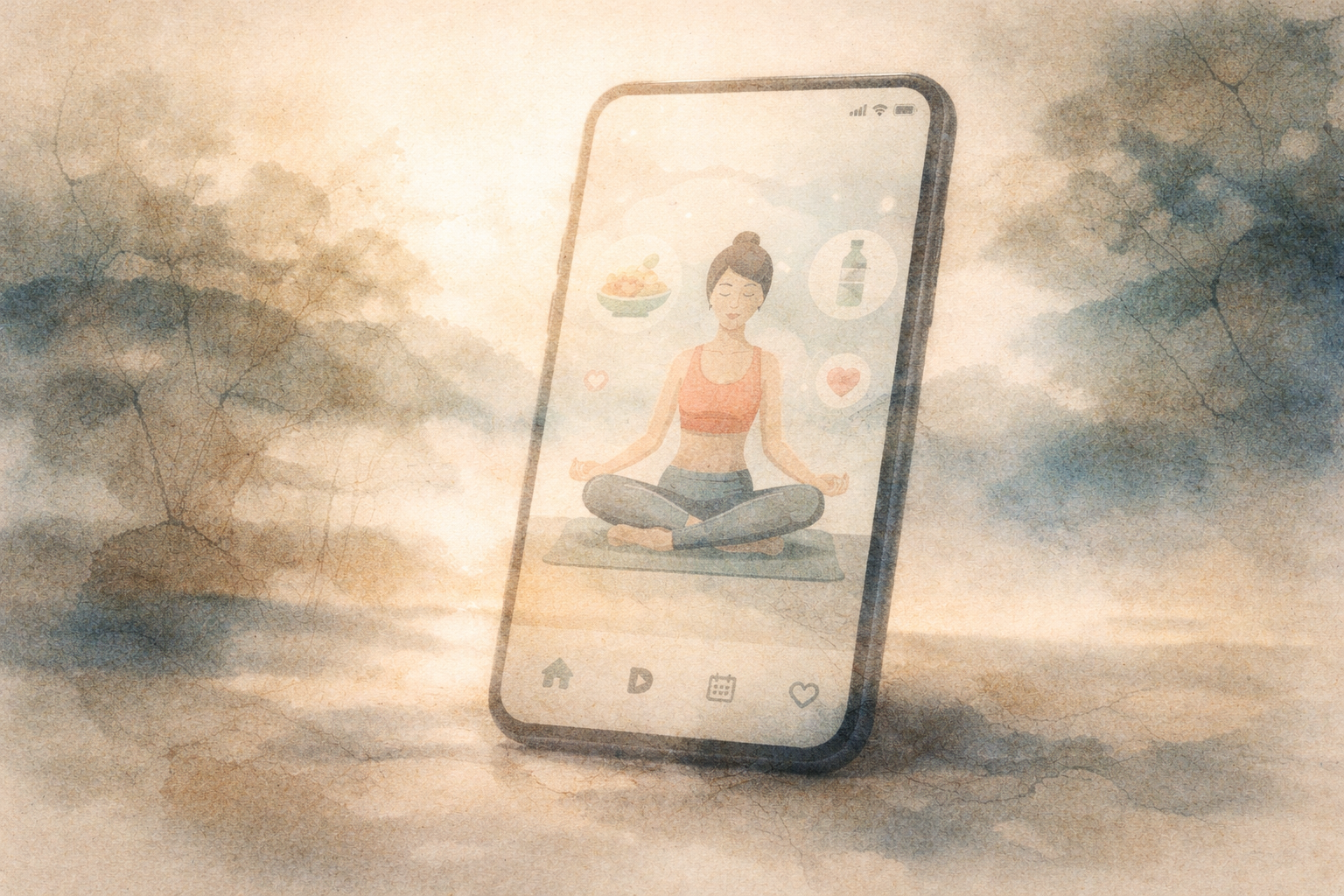 蓮華座で瞑想する人物と健康的な習慣のアイコンが表示されたスマートフォンのイメージ。欲望を否定するのではなく、気づきを通して整えていくという仏教の考え方を象徴している。