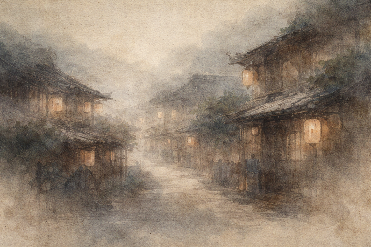 Atmospheric watercolor illustration of a quiet traditional street with softly glowing lanterns and distant figures, evoking contemplation on engagement with the world and mindful presence in everyday life.