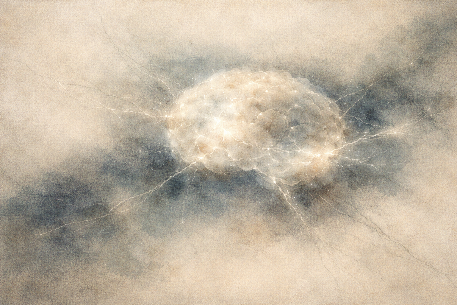 Abstract watercolor-style image of a softly illuminated brain surrounded by subtle lightning-like lines, symbolizing insight, sudden realization, and the deeper meaning behind famous Zen sayings.