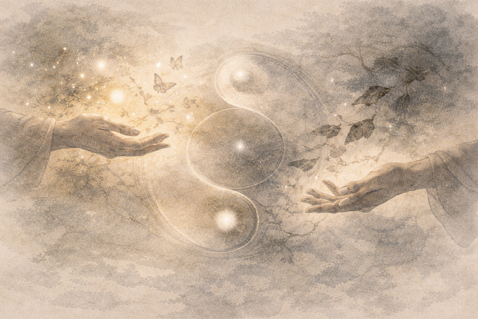 Two open hands reaching toward a glowing yin-yang symbol surrounded by light and butterflies, symbolizing balance, intention, and the meaning of good and bad karma in Buddhism