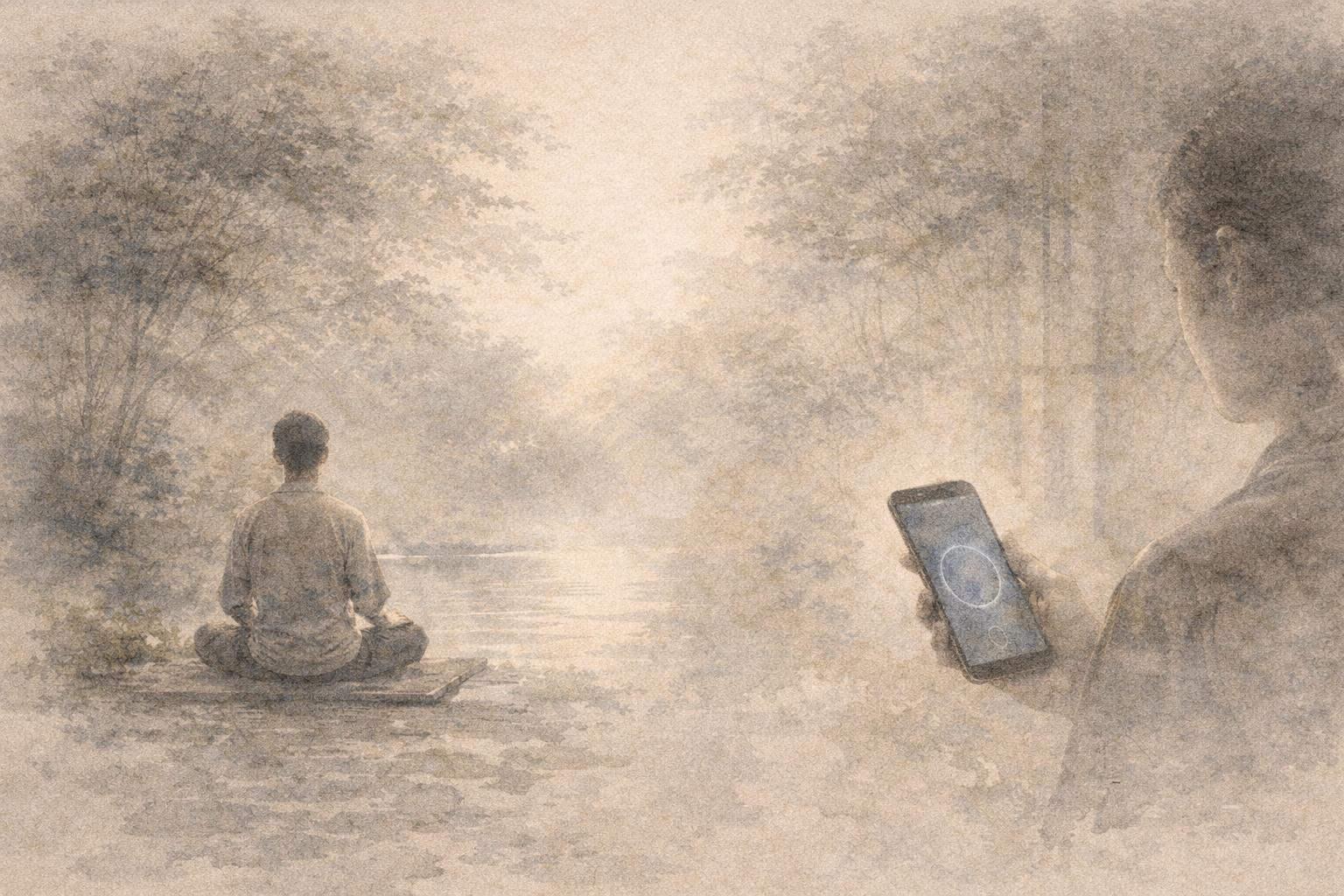 水辺で静かに瞑想する人物と、呼吸エクササイズが表示されたスマートフォン。Googleの呼吸ガイドと専用アプリの違いを表現したイメージ