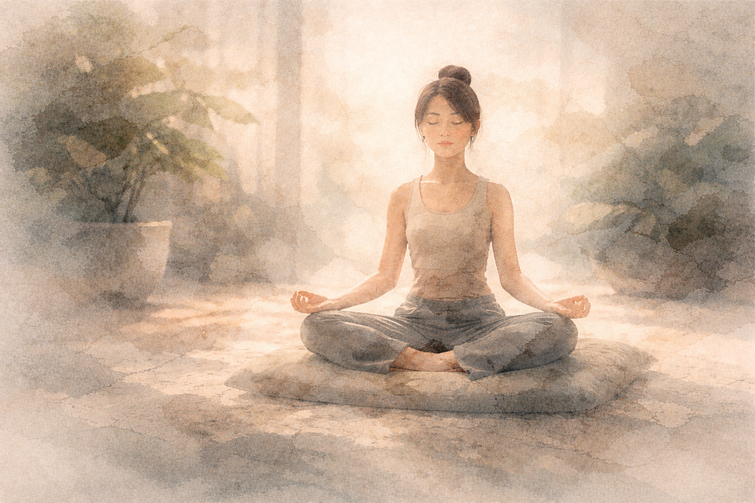 A calm beginner sitting in meditation with soft light surrounding her, representing the gentle starting point where guided breathing and silent breathing both support learning to focus on the breath