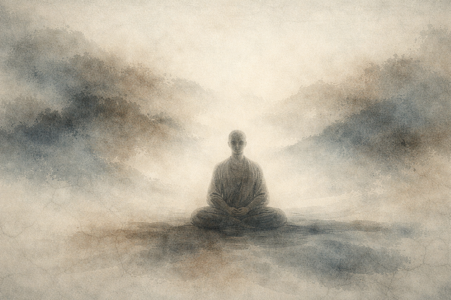 Watercolor-style image of a solitary figure sitting in meditation within a soft, mist-filled landscape, symbolizing the contrast between guided support and silent practice, and the beginner’s exploration of which meditation style feels most comfortable.