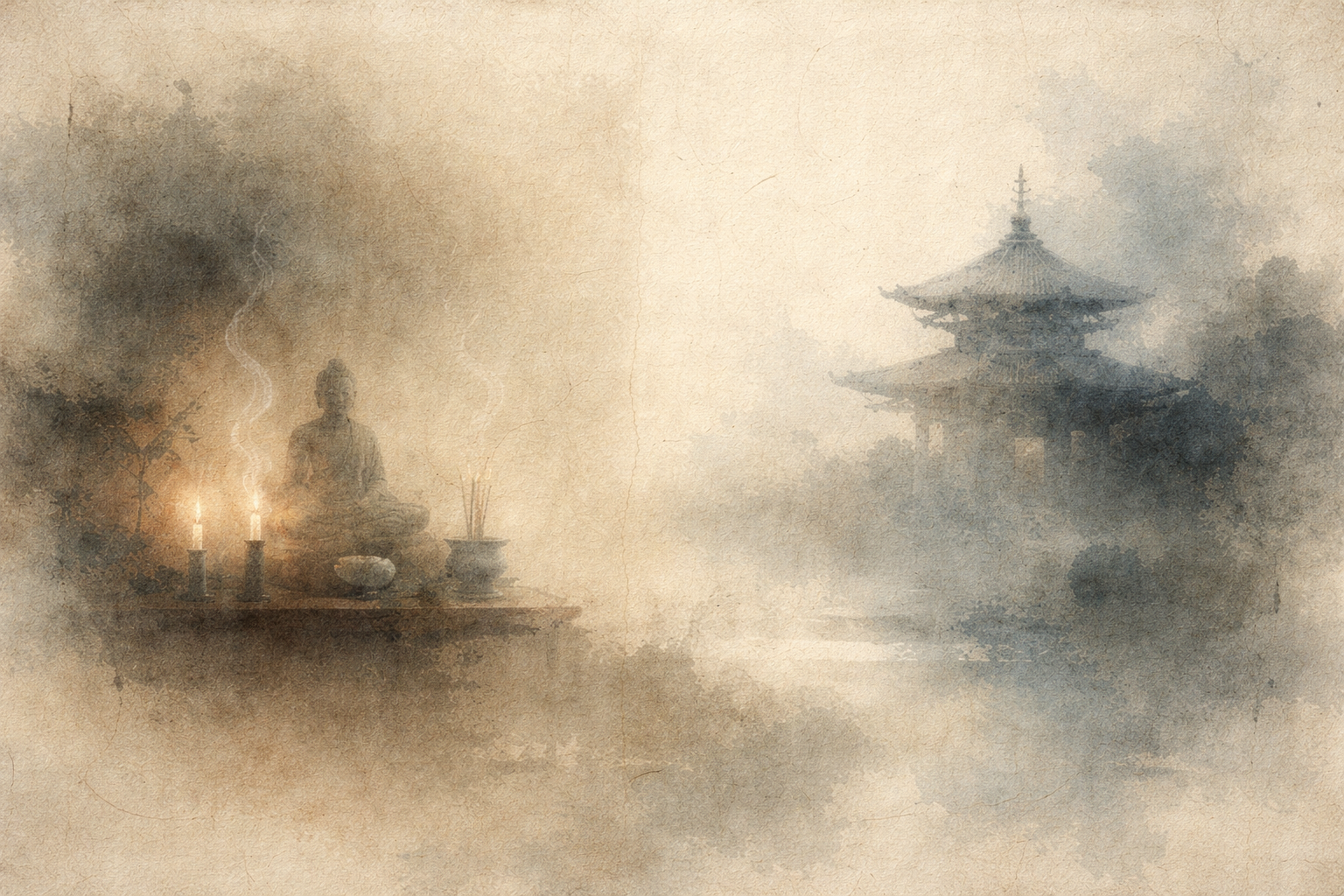 A quiet home altar with candles and incense on one side, and a distant temple emerging through mist on the other, illustrating the relationship between personal daily practice and shared communal practice in Buddhism