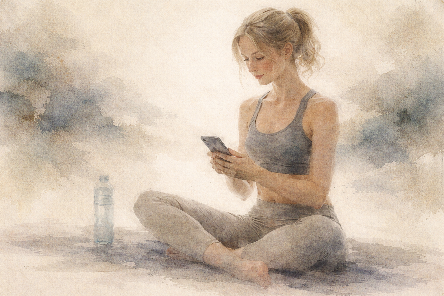 穏やかな空間の中で、あぐらをかいてスマートフォンを見る初心者の姿。仏教の教えに気軽に触れ、無理なく学び始める方法を象徴している情景